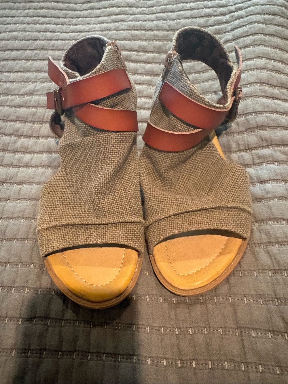Women's Grey Canvas Sandals with Brown Leather Straps